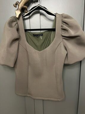 English Factory Taupe Puff Sleeve Square Neck Top size M